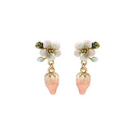 Light Pink Blue Strawberry Flower Enamel Dangle Earrings