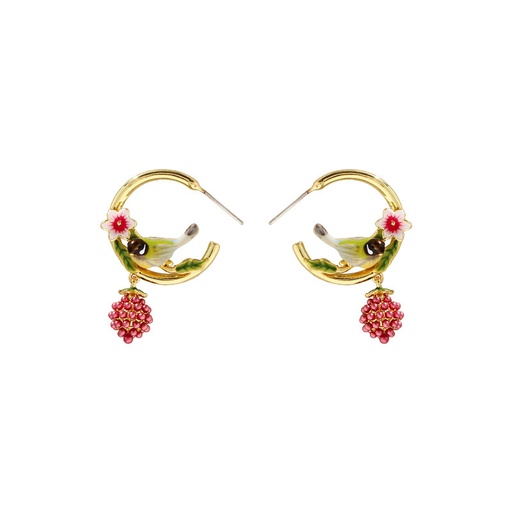 Bird And Fruit Berry Enamel C Shape Dangle Earrings