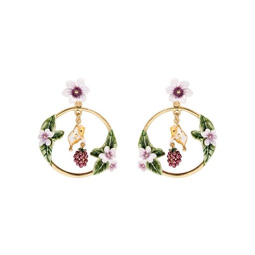 Hamster With Berry Inside A Hoop And Flower Enamel Dangle Earrings