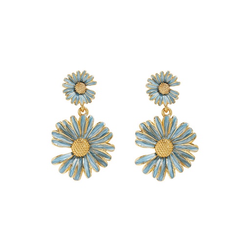 Blue Daisy Flower Enamel Dangle Earrings