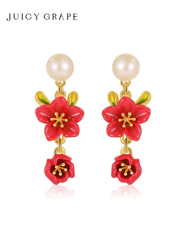 Begonia Red Flower And Pearl Enamel Dangle Stud Earrings Jewelry Gift