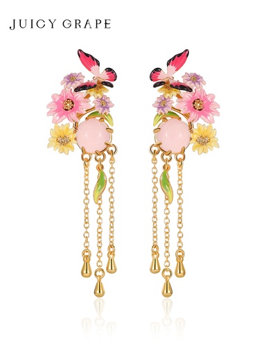 Flower Butterfly And Stone Enamel Dangle Stud Earrings Jewelry Gift