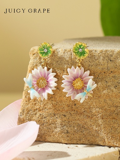 Lotus Flower And Dragonfly Enamel Dangle Stud Earrings Jewelry Gift