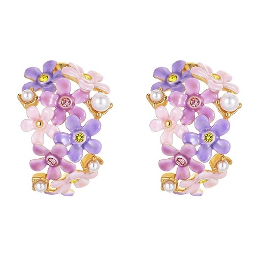 Lavender Purple Pink Flower And Crystal Pearl C Shape Enamel Stud Earrings Jewelry Gift