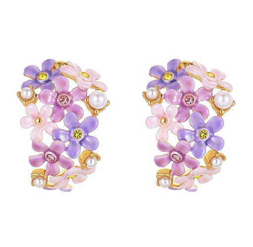 Lavender Purple Pink Flower And Crystal Pearl C Shape Enamel Stud Earrings Jewelry Gift