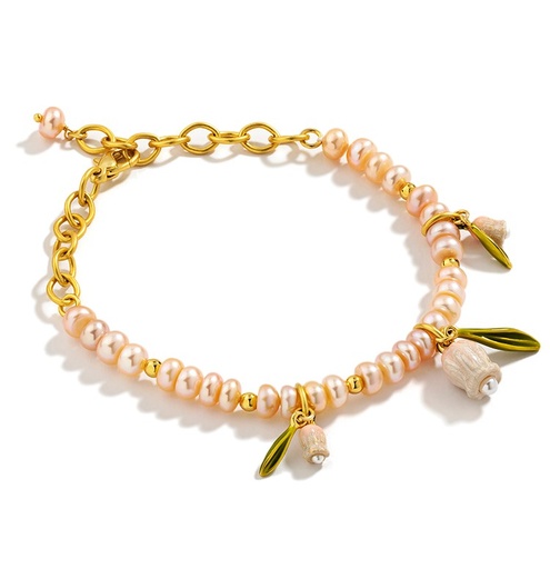 Lily Flower Pink Pearl Enamel Strand Bracelet Jewelry Gift