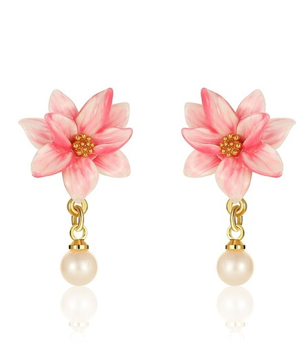 Pink Flower And Pearl Enamel Dangle Stud Earrings Jewelry Gift