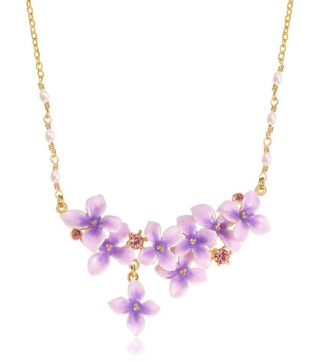 Purple Flower Branch Enamel Pendant Necklace Handmade Jewelry Gift