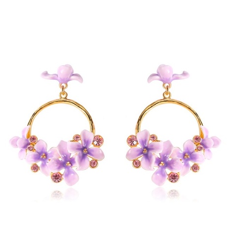 Purple Flower And Gem Enamel Hoop Dangle Earrings Handmade Jewelry Gift