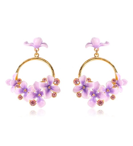 Purple Flower And Gem Enamel Hoop Dangle Earrings Handmade Jewelry Gift