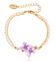 Purple Flower Enamel Thin Pearl Strand Bracelet Handmade Jewelry Gift