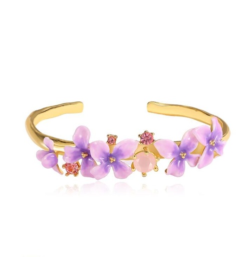 Purple Flower And Stone Enamel Cuff Bracelet Handmade Jewelry Gift
