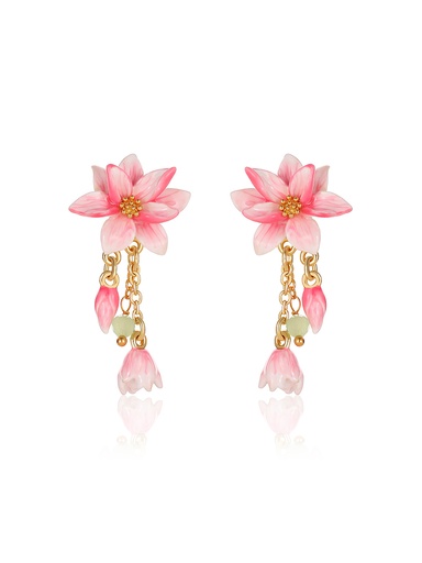 Magnolia Pink Flower Enamel Tassel Dangle Stud Earrings Jewelry Gift