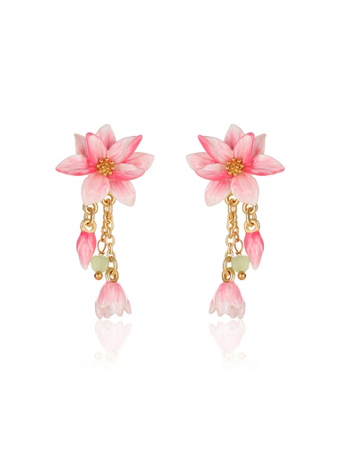 Pink Flower Enamel Tassel Dangle Stud Earrings Jewelry Gift