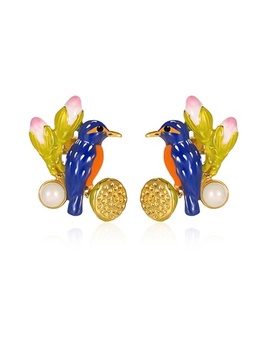 Kingfisher Bird And Pearl Enamel Stud Earrings Handmade Jewelry Gift