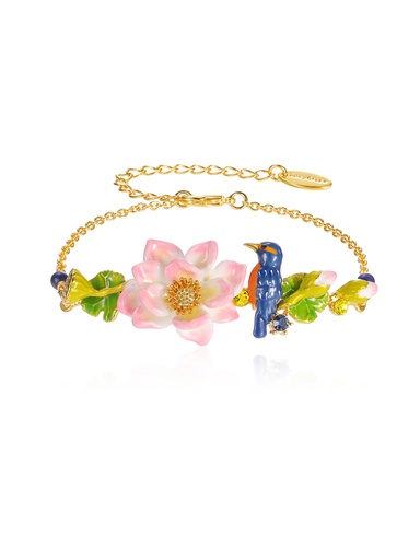 Kingfisher Bird And Lotus Branch Enamel Strand Bracelet Handmade Jewelry Gift