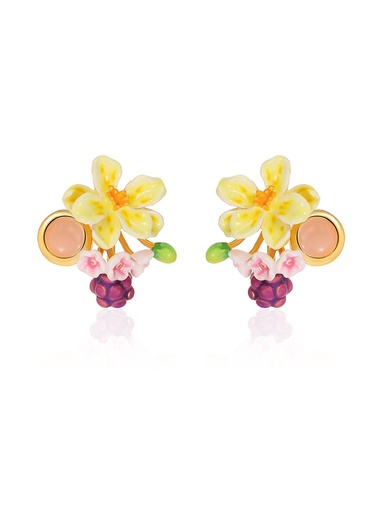 Grape Flower Blossom And Stone Enamel Stud Earrings Handmade Jewelry Gift