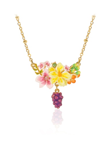 Grape And Flower Blossom Enamel Pendant Necklace Handmade Jewelry Gift