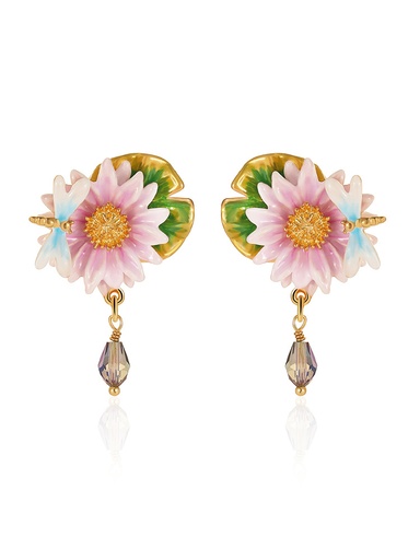 Lotus And Dragonfly Enamel Dangle Stud Earrings Jewelry Gift