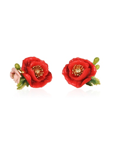 Pink Red Flower Enamel Asymmetrical Stud Earrings Handmade Jewelry Gift
