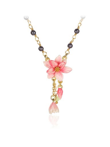 Magnolia Pink Flower Enamel Pendant Necklace Handmade Jewelry Gift