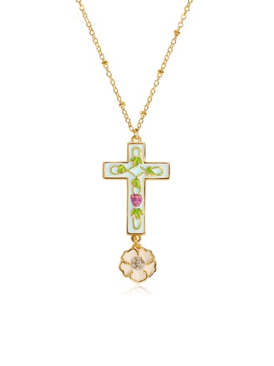 Cross And Flower Enamel Pendant Necklace Handmade Jewelry Gift