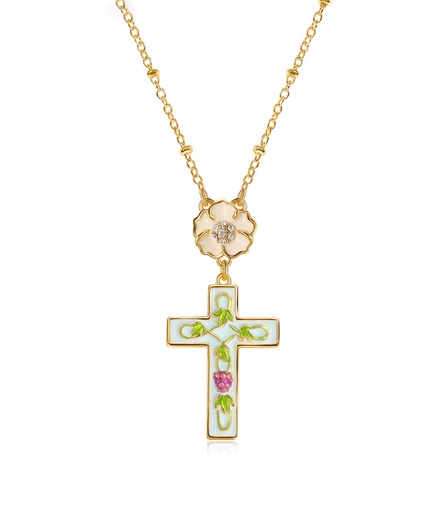 Flower And Cross Enamel Pendant Necklace Handmade Jewelry Gift