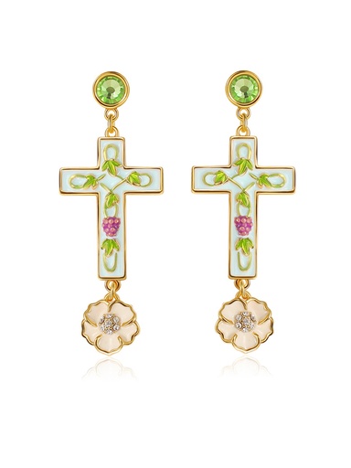 Cross And Flower Enamel Dangle Earrings Handmade Jewelry Gift