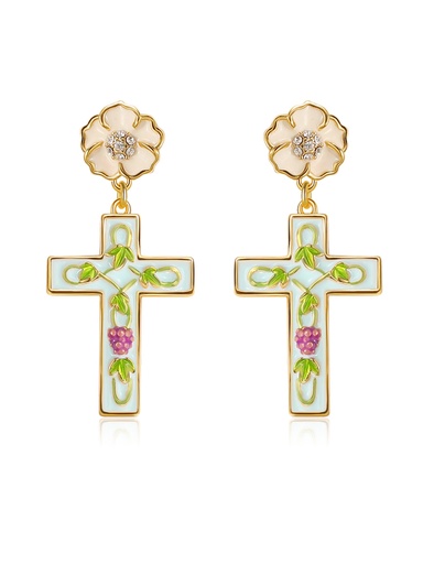 Flower And Cross Enamel Dangle Earrings Handmade Jewelry Gift