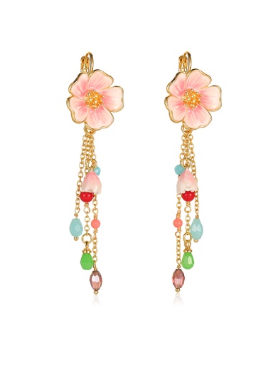 Peach Blossom Flower Enamel Tassel Dangle Earrings Handmade Jewelry Gift