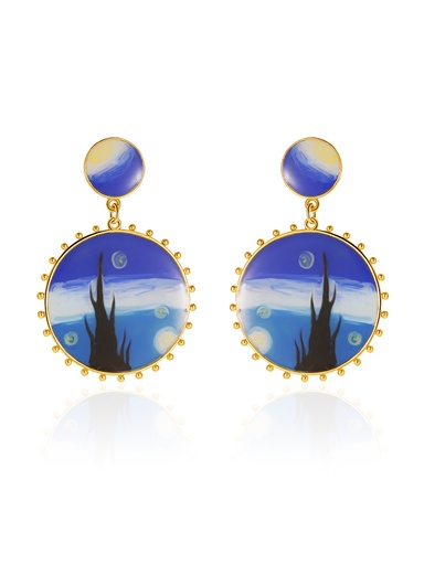 Starry Night Enamel Round Dangle Earrings Handmade Jewelry Gift