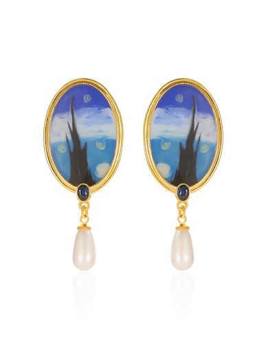 Starry Night Enamel Pearl Dangle Earrings Handmade Jewelry Gift