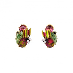 [19111057] Daisy Flower Cherry And Stone Enamel Stud Earrings