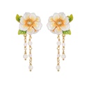 Jasmine Flower Leaf Enamel Tassel Stud Earrings