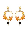 Orange Blossom Flower With Black Agate Enamel Stud Hoop Dangle Earrings