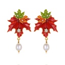 Maple Leaf With Zircon Pearl Enamel Dangle Stud Earrings
