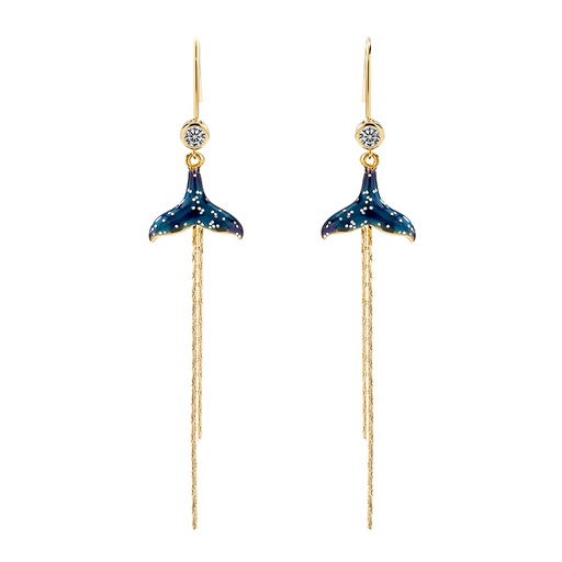Dolphin Fish Tail Long Tassel  Enamel Hook Earrings