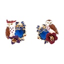Enamel Glazed Purple Owl Series Asymmetric Lake Blue Crystal Stud Clip Gold Plated Earrings