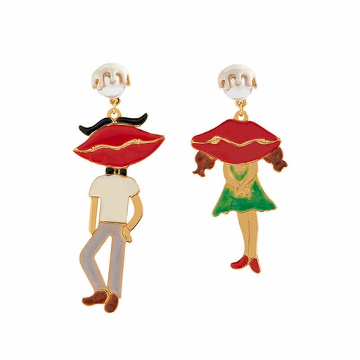 Red Lip Girl And Boy Love Couple Enamel Stud Earrings