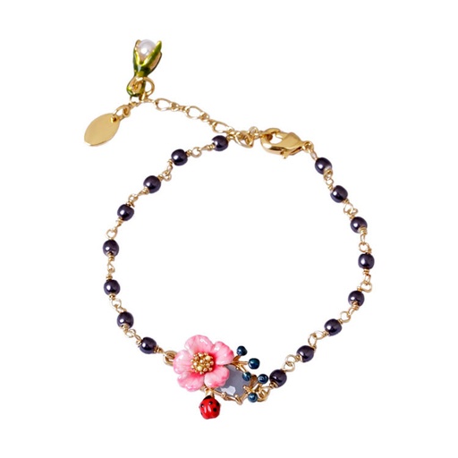 Pink Flower Ladybug And Stone Enamel Bead Bracelet