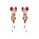 Pink Flower and Stone Tassel Enamel Earrings