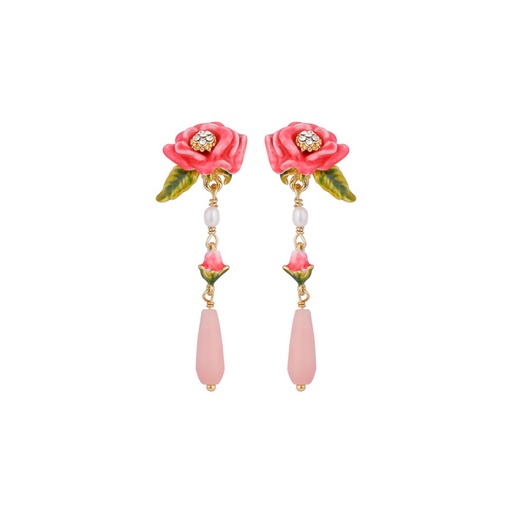 Pink Flower Small Bud and Droplet Enamel Earrings