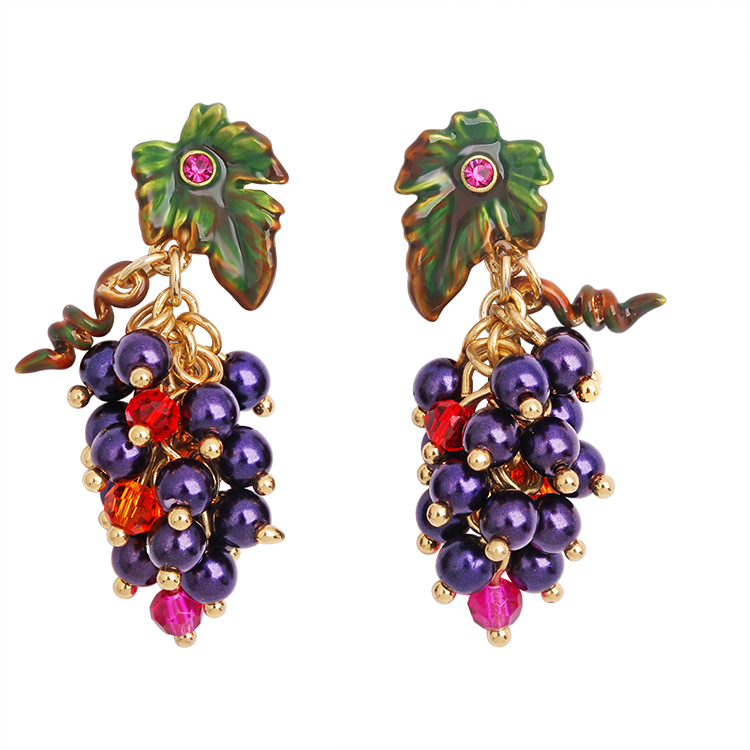 Grapes and Small Leaf Enamel Earrings | Juicy Grape