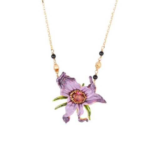 Hand Painted Enamel Glaze Purple Flowers Set with Gems Pendant Necklace