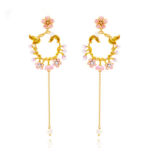 Cherry Blossom Flower Pearl Tassel Enamel Dangle Earrings