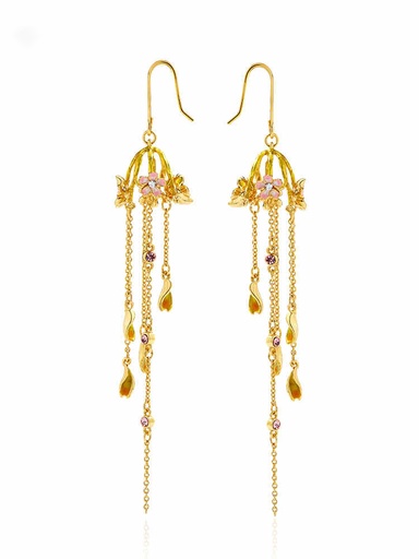 Cherry Blossom Flower Tassel Enamel Hook Earrings