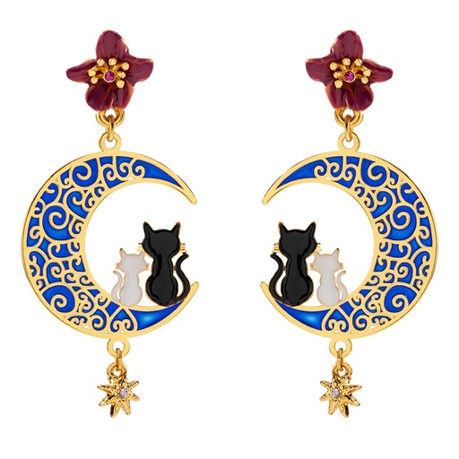 Couple Cat Kitty Kitten on Moon Enamel Stud Dangle Earrings Jewelry Gift