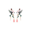 Bird On A Cherry Blossom Branch Tassel Enamel Stud Earrings