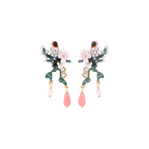 Bird On A Cherry Blossom Branch Tassel Enamel Stud Earrings