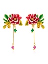 Dahlia Red Flower Yellow Bud And Bead Enamel Earrings